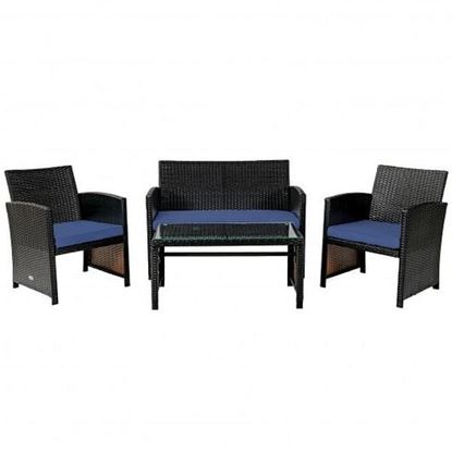 Picture of 4Pcs Patio Rattan Cushioned Furniture Set-Navy - Color: Navy