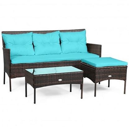 图片 3 Pieces Patio Furniture Sectional Set with 5 Cozy Seat and Back Cushions-Turquoise - Color: Turquoise
