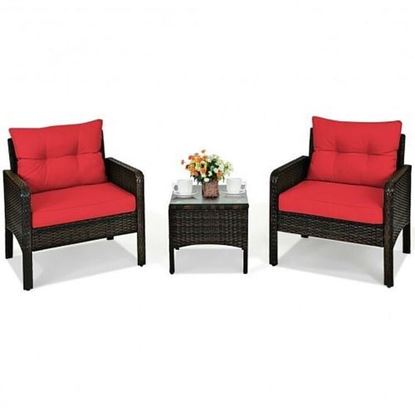 Picture of 3 Pcs Outdoor Patio Rattan Conversation Set with Seat Cushions-Red - Color: Red