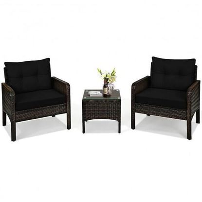 Picture of 3 Pcs Outdoor Patio Rattan Conversation Set with Seat Cushions-Black - Color: Black
