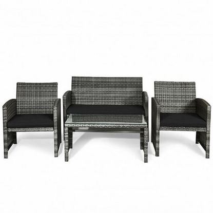 Picture of 4 Pieces Patio Rattan Furniture Set with Glass Table and Loveseat-Black - Color: Black