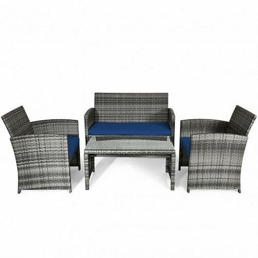 Picture of 4 Pieces Patio Rattan Furniture Set with Glass Table and Loveseat-Navy - Color: Navy