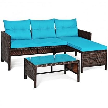 Picture of 3 Piece Patio Wicker Rattan Sofa Set-Turquoise - Color: Turquoise