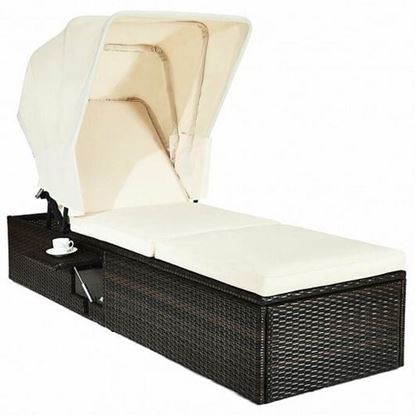 Picture of Chaise Cushioned Top Canopy Patio Rattan Lounge Chair with Tea Table - Color: White - Size: 77" x 23.5" x (12.5"-25"-33")