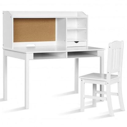 Picture of Kids Desk and Chair Set Study Writing Desk with Hutch and Bookshelves-White - Color: White