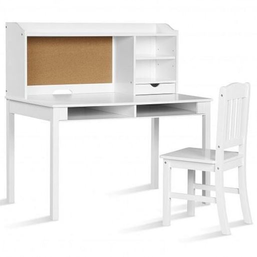 Picture of Kids Desk and Chair Set Study Writing Desk with Hutch and Bookshelves-White - Color: White