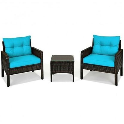 Picture of 3 Pcs Outdoor Patio Rattan Conversation Set with Seat Cushions-Turquoise - Color: Turquoise