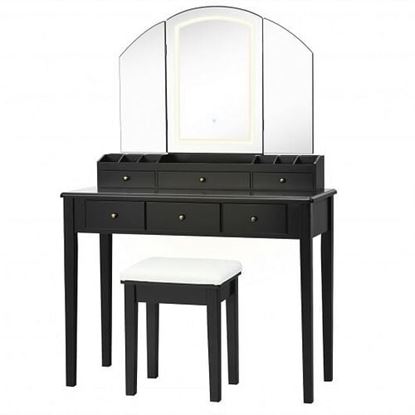 图片 Vanity Table Stool Set with Large Tri-folding Lighted Mirror-Black - Color: Black