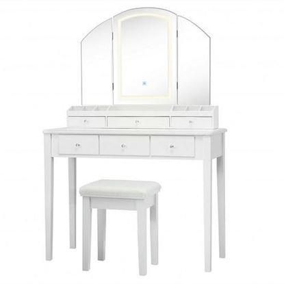 图片 Vanity Table Stool Set with Large Tri-folding Lighted Mirror-White - Color: White