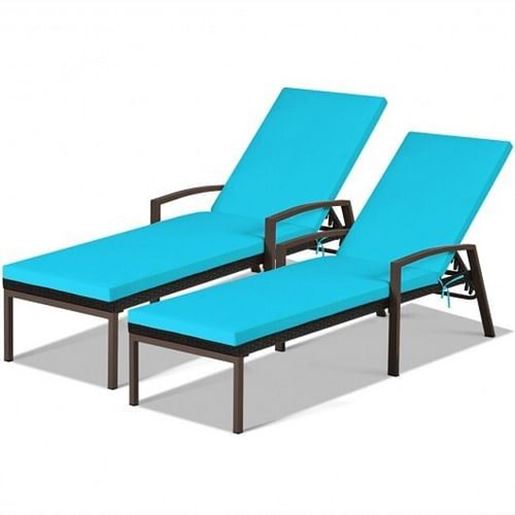 Picture of 2 Pieces Patio Rattan Adjustable Back Lounge Chair with Armrest and Removable Cushions-Turquoise - Color: Turquoise