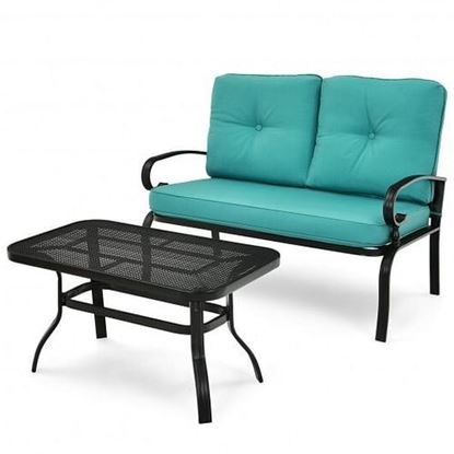 Picture of 2PCS Patio Loveseat Bench Table Furniture Set with Cushioned Chair-Turquoise - Color: Turquoise