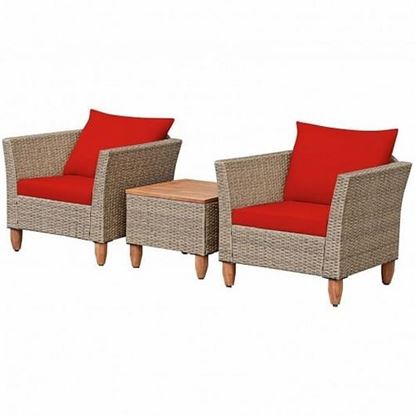 Picture of 3 Pieces Patio Rattan Bistro Furniture Set-Red - Color: Red