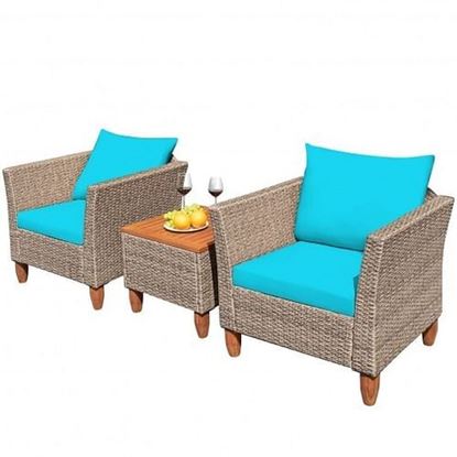 Picture of 3 Pieces Patio Rattan Bistro Furniture Set-Turquoise - Color: Turquoise