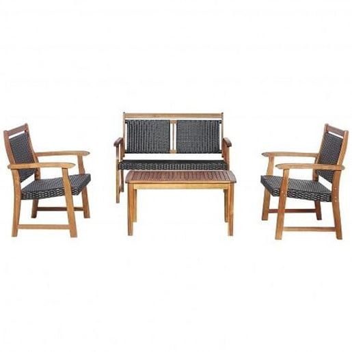 Picture of 4 Pieces Outdoor Patio Rattan Furniture Sofa Set with Acacia Wood Frame