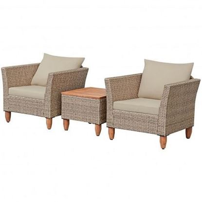 Picture of 3 Pcs Outdoor Patio Rattan Furniture Set Wooden Table Top Cushioned Sofa - Color: Beige