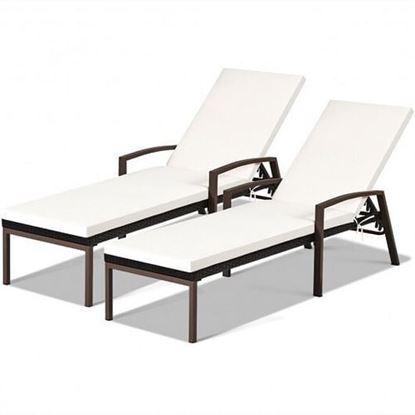 Picture of 2 Pieces Patio Rattan Adjustable Back Lounge Chair with Armrest and Removable Cushions-White - Color: White