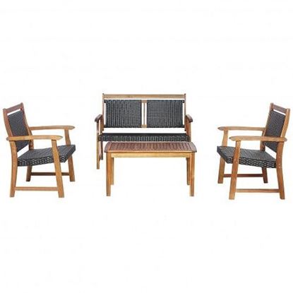 Picture of 4 Pieces Outdoor Patio Rattan Furniture Sofa Set with Acacia Wood Frame - Color: Brown