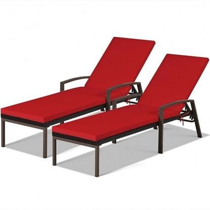 Picture of 2 Pieces Patio Rattan Adjustable Back Lounge Chair with Armrest and Removable Cushions-Red - Color: Red