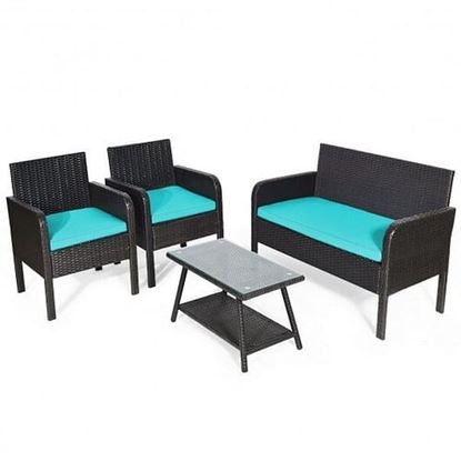 Picture of 4Pcs Patio Rattan Wicker Furniture Set Conversation Sofa Bench Cushion-Turqiose - Color: Turquoise