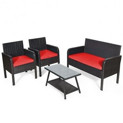 Foto de 4Pcs Patio Rattan Wicker Furniture Set Conversation Sofa Bench Cushion-Red - Color: Red