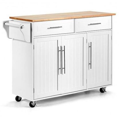 Picture of Kitchen Island Trolley Cart Wood Top Rolling Storage Cabinet-White - Color: White