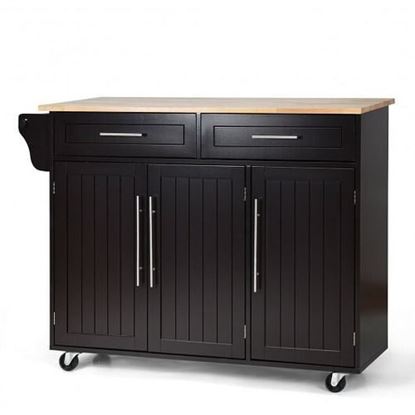 Picture of Kitchen Island Trolley Wood Top Rolling Storage Cabinet Cart with Knife Block-Brown - Color: Brown