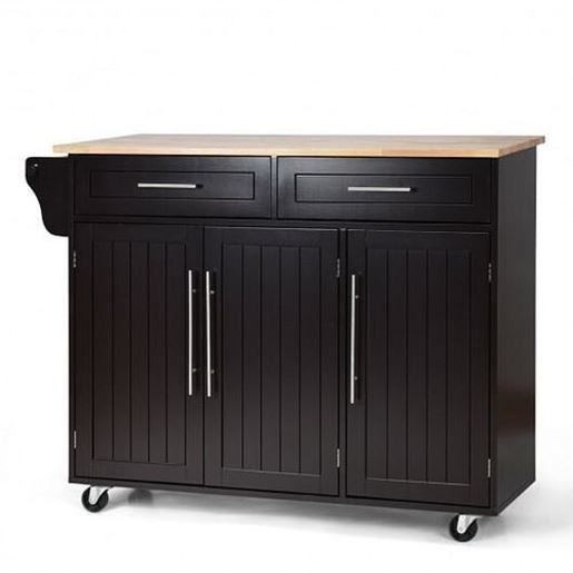 Picture of Kitchen Island Trolley Wood Top Rolling Storage Cabinet Cart with Knife Block-Brown - Color: Brown