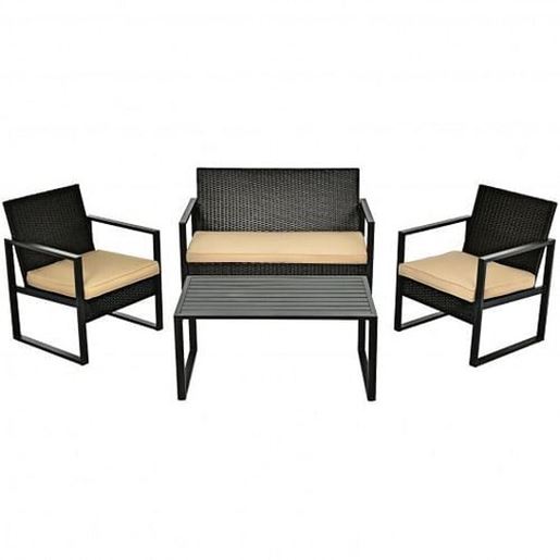 Picture of 4 Pcs Patio Rattan Furniture Set Cushioned Sofa Coffee Table Garden Deck