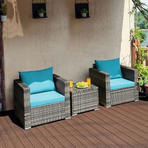 Picture of 3 Pieces Patio Rattan Furniture Bistro Sofa Set with Cushioned-Turquoise - Color: Turquoise