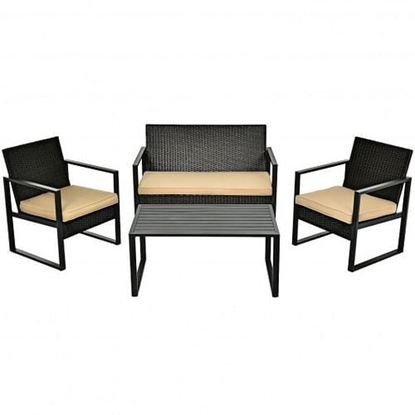 Picture of 4 Pcs Patio Rattan Furniture Set Cushioned Sofa Coffee Table Garden Deck
