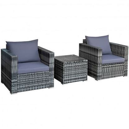 Picture of 3 Pcs Patio Rattan Furniture Bistro Sofa Set with Cushioned-Gray - Color: Gray