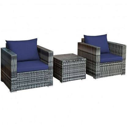 图片 3 Pcs Patio Rattan Furniture Bistro Sofa Set with Cushioned-Navy - Color: Navy