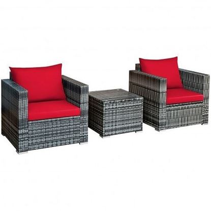 图片 3 Pcs Patio Rattan Furniture Bistro Sofa Set with Cushioned-Red - Color: Red