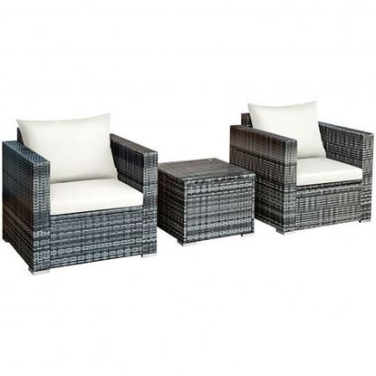 Picture of 3 Pcs Patio Rattan Furniture Bistro Sofa Set with Cushioned-White - Color: White
