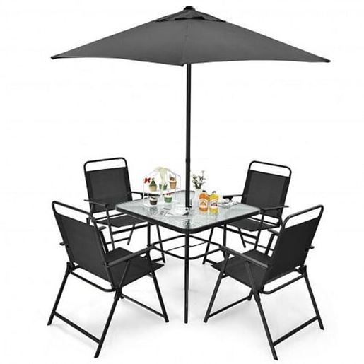 Picture of 6 Pieces Patio Dining Set with Umbrella-Gray - Color: Gray