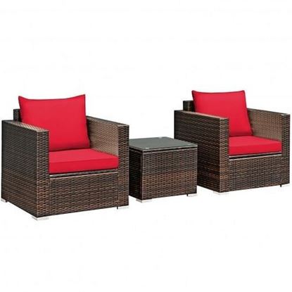 图片 3 Pcs Patio Conversation Rattan Furniture Set with Cushion-Red - Color: Red