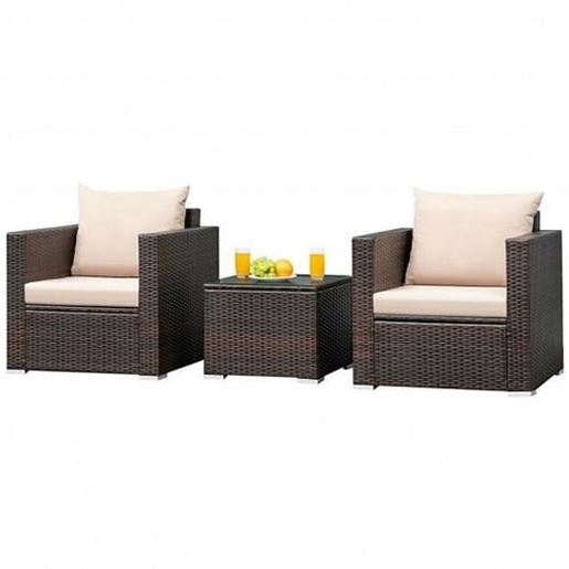 Picture of 3 Pcs Patio Conversation Rattan Furniture Set with Cushion - Color: Beige