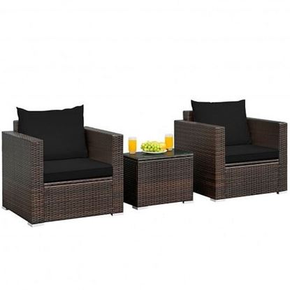 Picture of 3 Pcs Patio Conversation Rattan Furniture Set with Cushion-Black - Color: Black