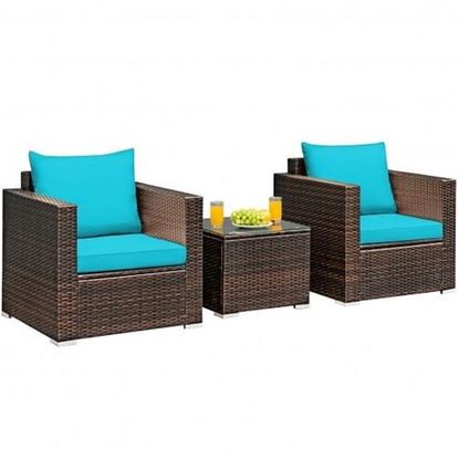 图片 3 Pcs Patio Conversation Rattan Furniture Set with Cushion-Turquoise - Color: Turquoise
