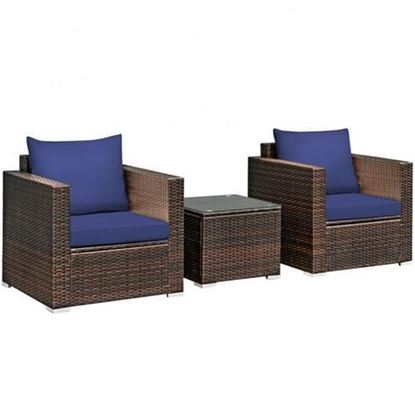 Picture of 3 Pcs Patio Conversation Rattan Furniture Set with Cushion-Blue - Color: Blue