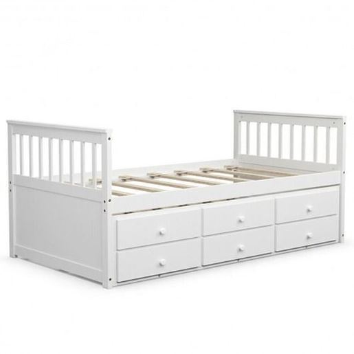 Picture of Twin Captain's Bed with Trundle Bed with 3 Storage Drawers-White