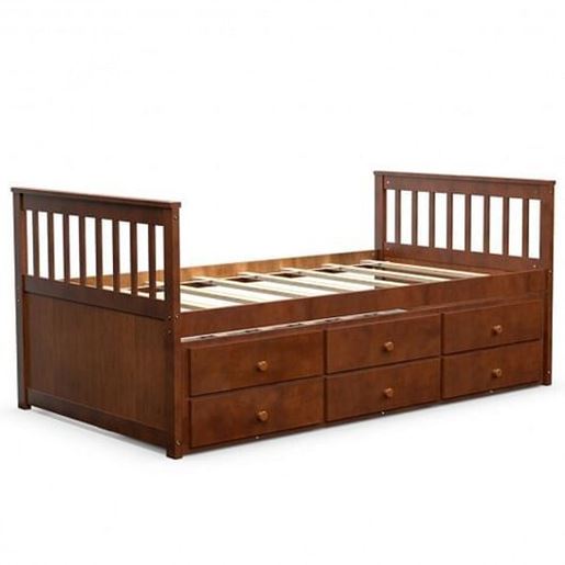 Picture of Twin Captain's Bed with Trundle Bed with 3 Storage Drawers-Walnut - Color: Walnut