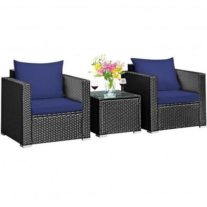 Picture of 3 Pieces Patio Wicker Furniture Set with Cushion-Navy - Color: Navy