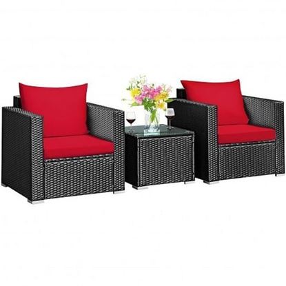 Picture of 3 Pieces Patio wicker Furniture Set with Cushion-Red - Color: Red