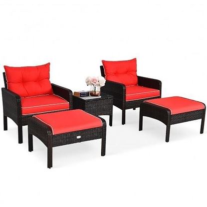 Picture of 5 Pcs Patio Rattan Sofa Ottoman Furniture Set with Cushions-Red - Color: Red