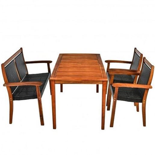 Picture of 4 Pieces Patio Rattan Dining Furniture Set with Acacia Wood Frame Chair