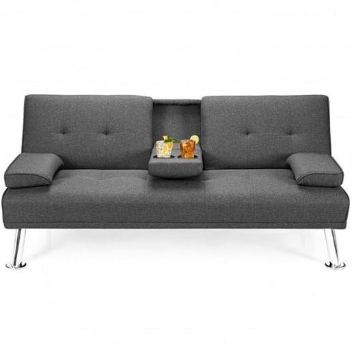 Picture of Convertible Folding Futon Sofa Bed Fabric with 2 Cup Holders-Dark Gray - Color: Dark Gray