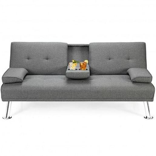 Picture of Convertible Folding Futon Sofa Bed Fabric with 2 Cup Holders-Light Gray - Color: Light Gray