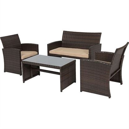 Picture of Brown Resin Wicker 4-Piece Modern Patio Furniture Set with Beige Cushions