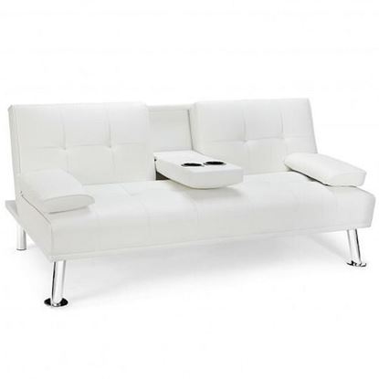 Picture of Convertible Folding Leather Futon Sofa with Cup Holders and Armrests-White - Color: White